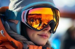 Nahansicht Porträt von ein schön Mädchen im ein Ski passen und Brille ai generiert foto