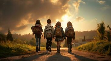 zurück Aussicht von Teenager Kind mit Rucksäcke Gehen ai generiert foto