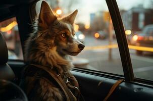 Hund suchen aus von das Auto Fenster beim Sonnenuntergang ai generiert foto