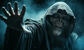 unheimlich Halloween Konzept mit unheimlich Zombie Mann auf dunkel Hintergrund ai generiert foto