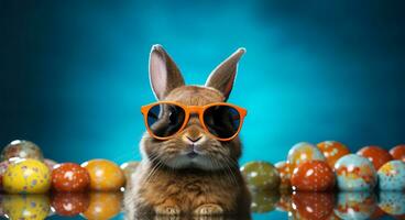 süß Hase mit Sonnenbrille und Ostern Eier auf Blau Hintergrund ai generiert foto