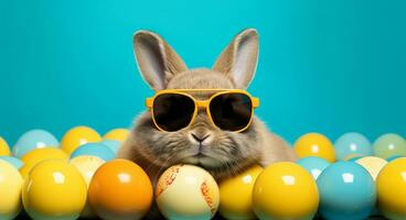 süß Hase mit Sonnenbrille und Ostern Eier auf Blau Hintergrund ai generiert foto