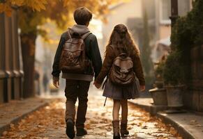 zurück Aussicht von Schulkinder mit Rucksäcke Gehen auf das Straße ai generiert foto