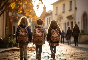 zurück Aussicht von Schulkinder mit Rucksäcke Gehen auf das Straße ai generiert foto