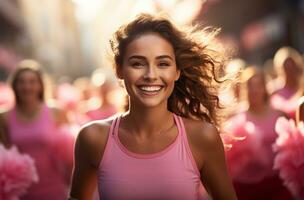 schön jung Frau im Sportbekleidung Laufen draußen auf sonnig Tag. Rosa Oktober Kampagne und Krebs Verhütung und Frauen Unterstützung ai generiert foto