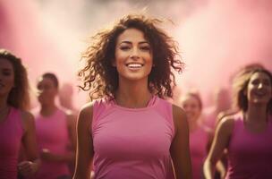 schön jung Frau im Sportbekleidung Laufen draußen auf sonnig Tag. Rosa Oktober Kampagne und Krebs Verhütung und Frauen Unterstützung ai generiert foto