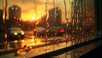 Regen Tropfen auf das Fenster mit verschwommen Hintergrund von das Stadt und Verkehr. ai generiert foto