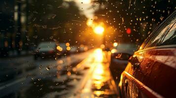 Auto auf das Straße mit Regentropfen auf das Glas, verschwommen Hintergrund ai generiert foto