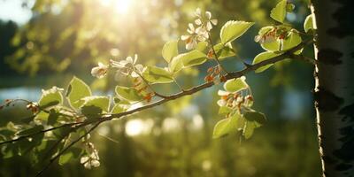 Grün Blätter Hintergrund im sonnig Tag. schön Natur Szene mit Sonnenlicht ai generiert foto