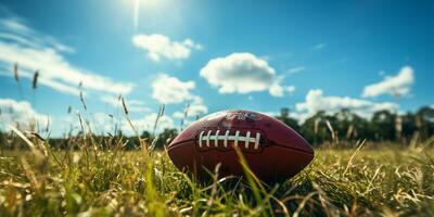 amerikanisch Fußball Ball auf Gras Feld mit Blau Himmel und Wolken im Hintergrund ai generiert foto