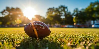 amerikanisch Fußball Ball auf Gras Feld mit Blau Himmel und Wolken im Hintergrund ai generiert foto