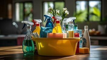 Reinigung Produkte auf das Küche Tisch. Reinigung Bedienung Konzept ai generiert foto