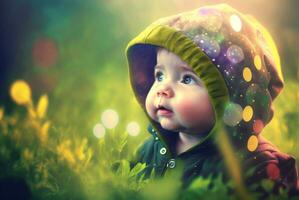 süß wenig Baby Porträt auf Bokeh Hintergrund. generativ ai. foto