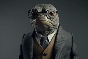 Porträt von ein Schildkröte mit Brille und ein formal Anzug, schwarz Hintergrund. generativ ai. foto