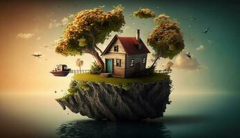 Illustration von Häuser und Bäume auf das Insel auf ein hell Farbe Hintergrund. ai generativ. foto