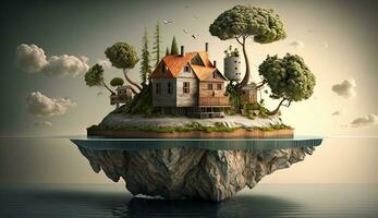 Illustration von Häuser und Bäume auf das Insel auf ein hell Farbe Hintergrund. ai generativ. foto