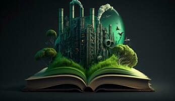 ein öffnen Fantasie Buch Illustration auf das Gegenteil Seite von das alt industriell Design umweltschädlich mit Grün Leistung und sicher Erde. ai generativ. foto