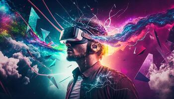 jung Mann mit virtuell Wirklichkeit Headset.vr Gläser, futuristisch, Technologie, online Ausbildung, Bildung, Video Spiel Konzept. generativ ai. foto