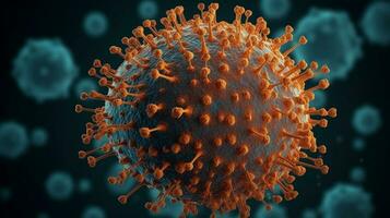 Coronavirus Pandemie Risiko Konzept von das covid 19 Virus Krankheit Virus Mikroskop schließen oben Sicht, 3d Illustration. generativ ai. foto