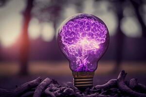 Mensch Gehirn glühend Innerhalb von Licht Birne lila. generativ ai. foto