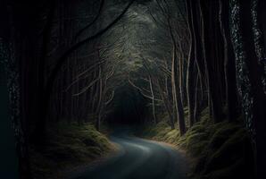 Bild von ein Straße im das dunkel Wald. generativ ai. foto