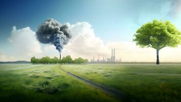 vergleichen Sie das Grün Baum und Wiese klar Luft Feld mit Fabrik und Luft Verschmutzung mit Klima Veränderung Wirkung. ai generativ. foto