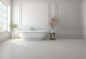 grau Fliese Badezimmer Innere mit Wanne und doppelt sinken auf leeren Raum zum Text. ai generativ. foto