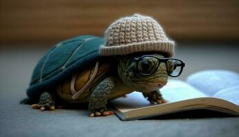 ein Schildkröte tragen Brille und ein Hut liest Bücher. generativ ai. foto