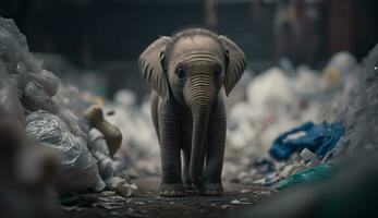 ein Elefant steht unter das Haufen von Plastik Abfall suchen zum Essen und Unterschlupf, Konzept von Speichern das Welt. generativ ai. foto