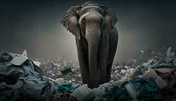ein Elefant steht unter das Haufen von Plastik Abfall suchen zum Essen und Unterschlupf, Konzept von Speichern das Welt. generativ ai. foto