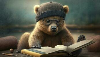 ein Bär tragen Brille und ein Hut sitzt und liest Bücher. generativ ai. foto