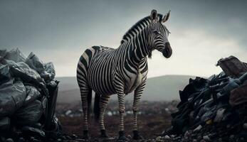 ein Zebra steht in der Nähe von ein Stapel von Plastik Abfall, Konzept von Speichern das Welt. generativ ai. foto