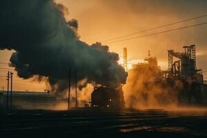 Kamin und schwarz Rauch über chemisch Industrie beim Sonnenuntergang. ai generativ. foto