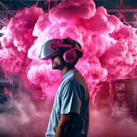 jung Mann mit virtuell Wirklichkeit Headset. vr Gläser, futuristisch, Technologie, online Ausbildung, Ausbildung, Video Spiel Konzept. generativ ai. foto