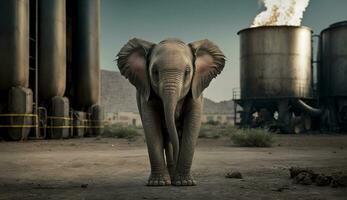Elefant steht Aufpassen ein petrochemisch Raffinerie beim Sonnenaufgang. generativ ai. foto