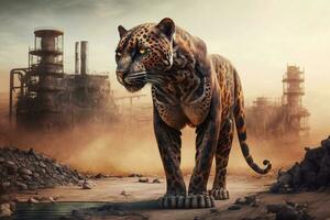 Jaguar Panther Stehen im Vorderseite giftig Masse von ein Chemie. generativ ai. foto