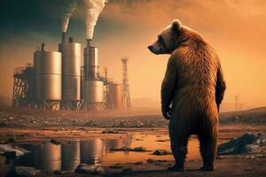 Bär steht Aufpassen ein petrochemisch Raffinerie beim Sonnenaufgang. generativ ai. foto