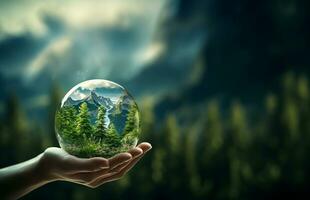 Mensch Hände halten Erde Kugel Kristall mit Sonnenlicht, Grün Natur Hintergrund, Konzept von Erhaltung Umwelt. ai generativ. foto