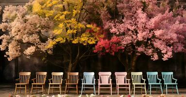 bunt hölzern Stühle auf das Tafel Kontrast mit das Hintergrund von bunt Blumen und Bäume. foto