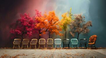 bunt hölzern Stühle auf das Tafel Kontrast mit das Hintergrund von bunt Blumen und Bäume. foto