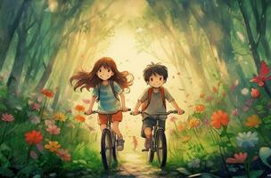 glücklich Paar erkunden Natur durch Fahrrad. generativ ai. foto