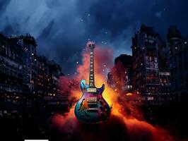 akustisch Gitarre im Feuer und Wasser hoch Auflösung akustisch Gitarre im Feuer und Wasser Illustration zum Gitarre Konzert Poster. foto