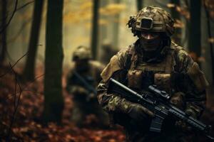 Soldaten im Herbst tarnen Uniformen im ein Wald, präsentieren Militär- Bereitschaft. generativ ai foto