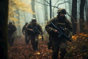 Soldaten im Herbst tarnen Uniformen im ein Wald, präsentieren Militär- Bereitschaft. generativ ai foto