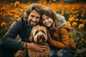 glücklich jung Vater und Tochter und ihr Hund genießen ihr Herbst Tage auf ein Kürbis Feld. generativ ai foto