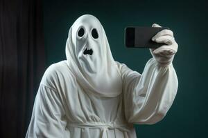 ein komisch Geist nehmen ein Selfie mit ein humorvoll Ausdruck, kombinieren modern Technologie mit ein klassisch Halloween Charakter. generativ ai foto