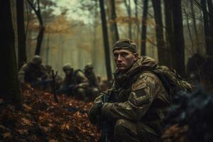 Soldaten im Herbst tarnen Uniformen im ein Wald, präsentieren Militär- Bereitschaft. generativ ai foto