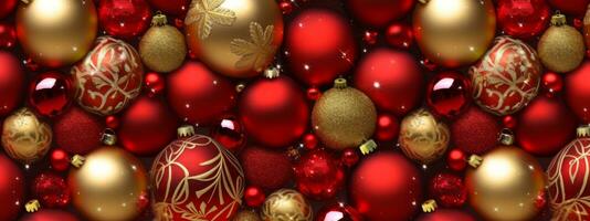 ein Sammlung von glänzend rot und Gold Weihnachten Bälle vereinbart worden im ein Blickfang Muster, Erstellen ein luxuriös und feierlich Atmosphäre zum Netz Banner. generativ ai foto