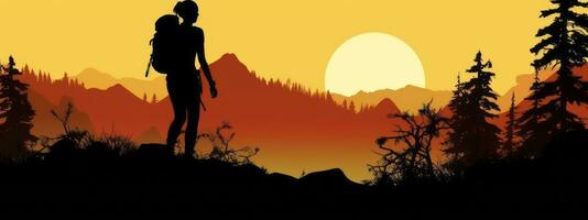 ein fesselnd Illustration von ein Silhouette im Natur, eine solche wie Wandern im das Berge , hervorrufen ein Sinn von Abenteuer und Fernweh zum ein verlockend Netz Banner. generativ ai foto