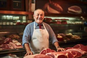 lächelnd Metzger im Vorderseite von das Fleisch Zähler von das Metzger Geschäft. generativ ai foto